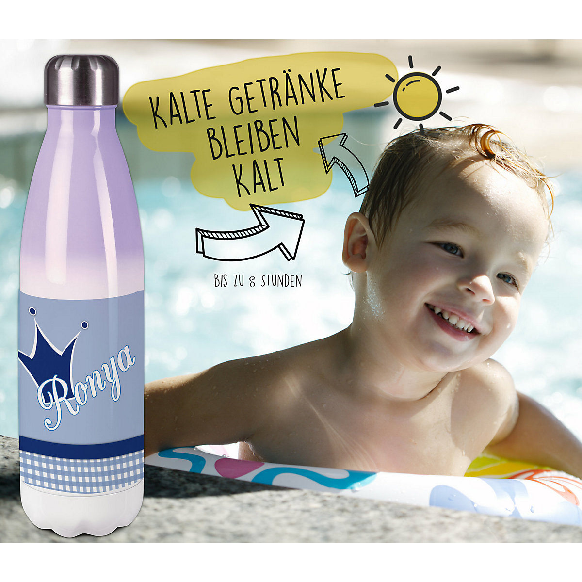 Edelstahl Kinder Thermoflasche / Trinkflasche bunt Krone Farbe blau Spülmaschinenfest, Auslaufsicher, Bruchfest, Doppelwandig, Für Heißgetränke geeignet, Mit Deckel, Isoliert