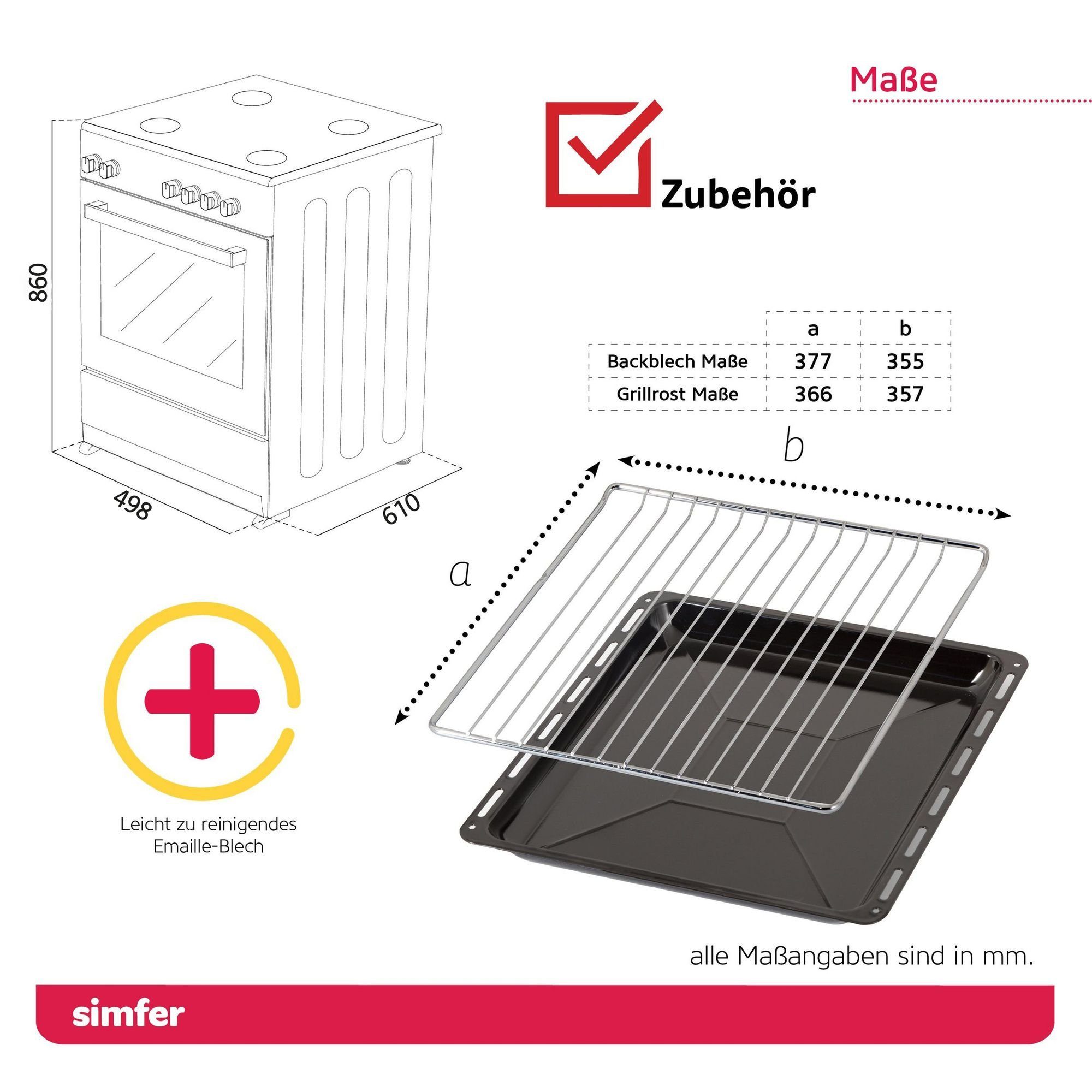 Simfer Elektro-Standherd SMF-FS 4227, 50 cm Herde, Glaskeramikkochfeld, 48 Liter, 4 Funktionen, mit Teleskopauszug nachrüstbar, Grillfunktion, Geschirrfach mit Deckel, Zweifach verglaste Backofentür