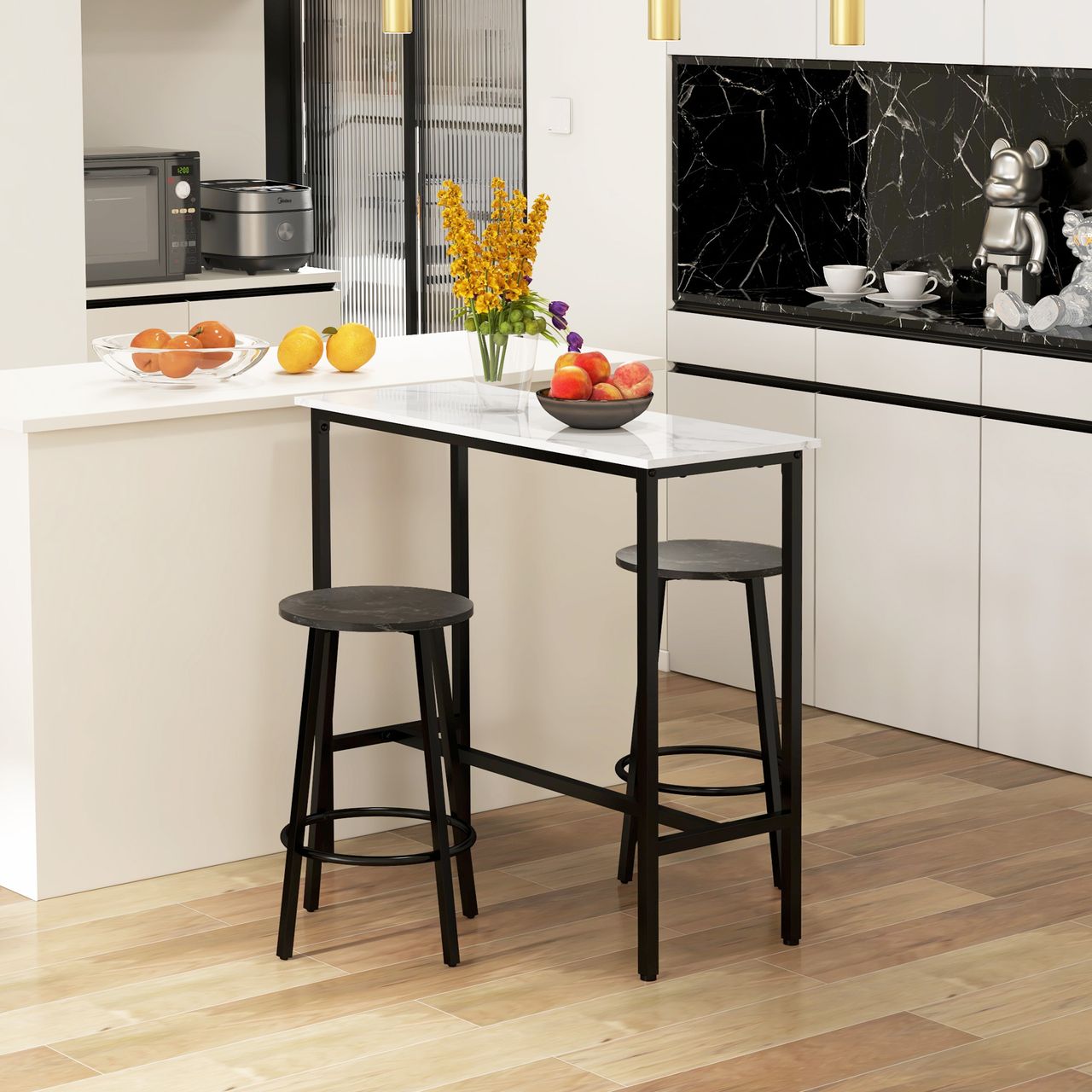 HOMCOM Bartisch mit Barhocker Set, 3-TLG. Bartisch Set, Esstisch mit 2 Barhocker