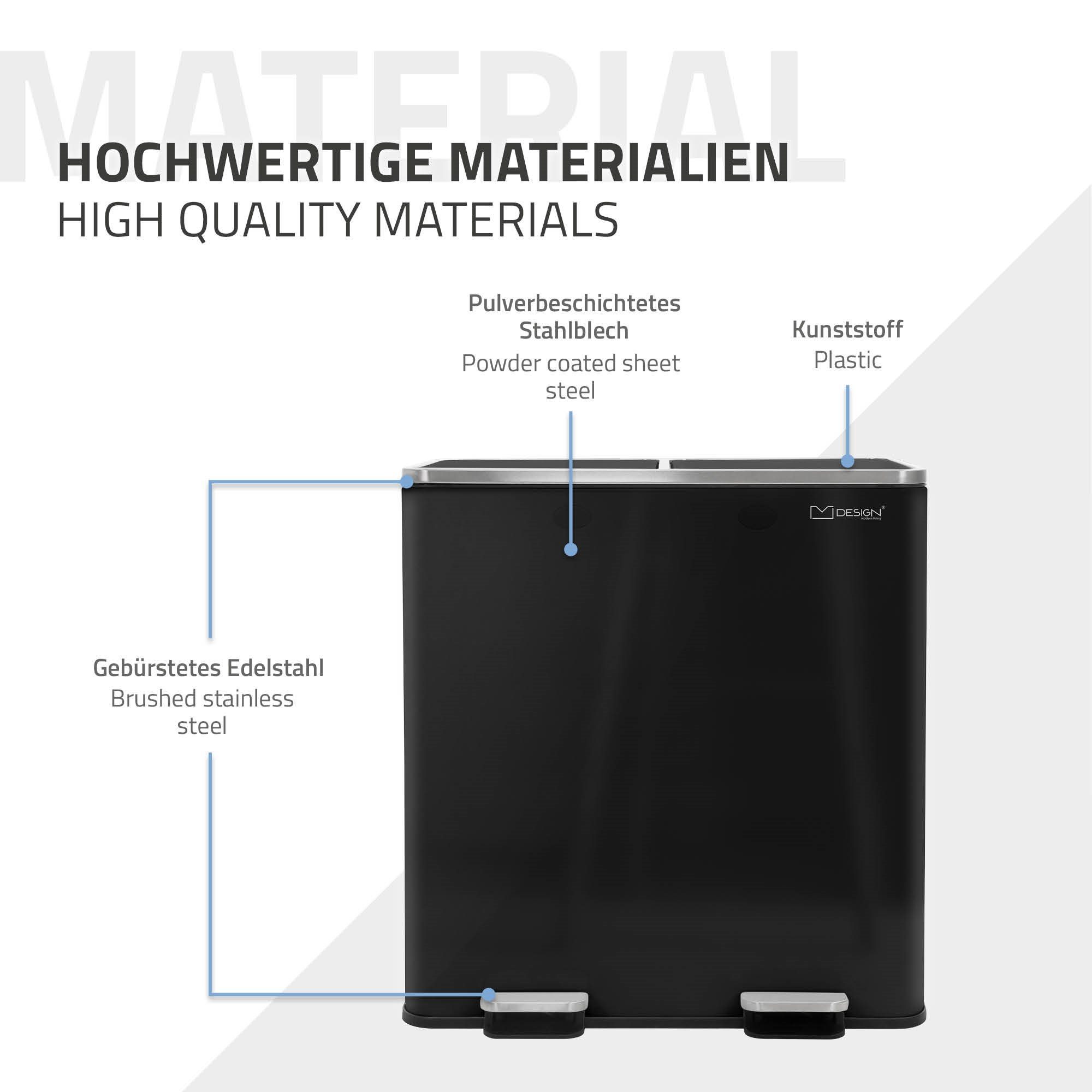 ML-DESIGN Mülleimer Mülltrennsystem Treteimer Abfalleimer, 2x30L Schwarz Edelstahl Inneneimer Klappdeckel Softclose luftdicht