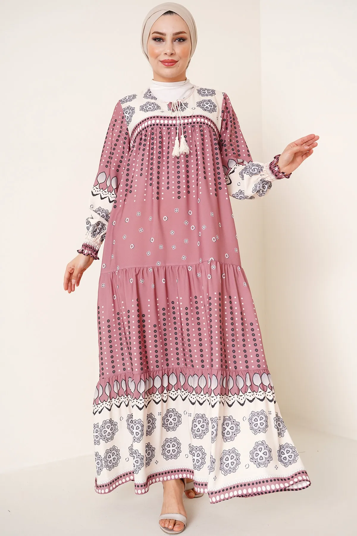 Bigdart  2175 Gemustertes Hijab-Kleid in voller Länge – Dusty Rose