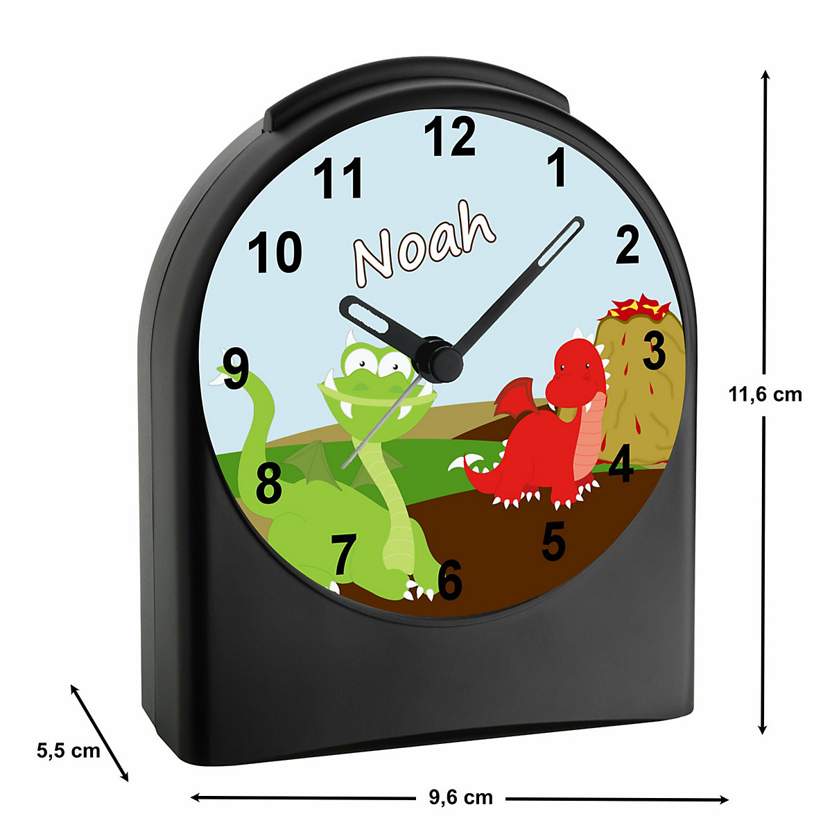 Kinder Funkwecker personalisiert mit Namen Drache Atom-/Funkuhr, 12-Stunden-Anzeigeformat, Schlummerfunktion, Nachtlicht, Geräuschlos/Ohne Ticken