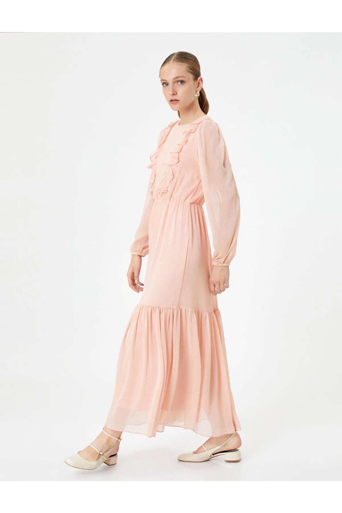 Koton  Chiffon-langes Kleid, Ballonärmel, Rüschen, Rundhalsausschnitt
