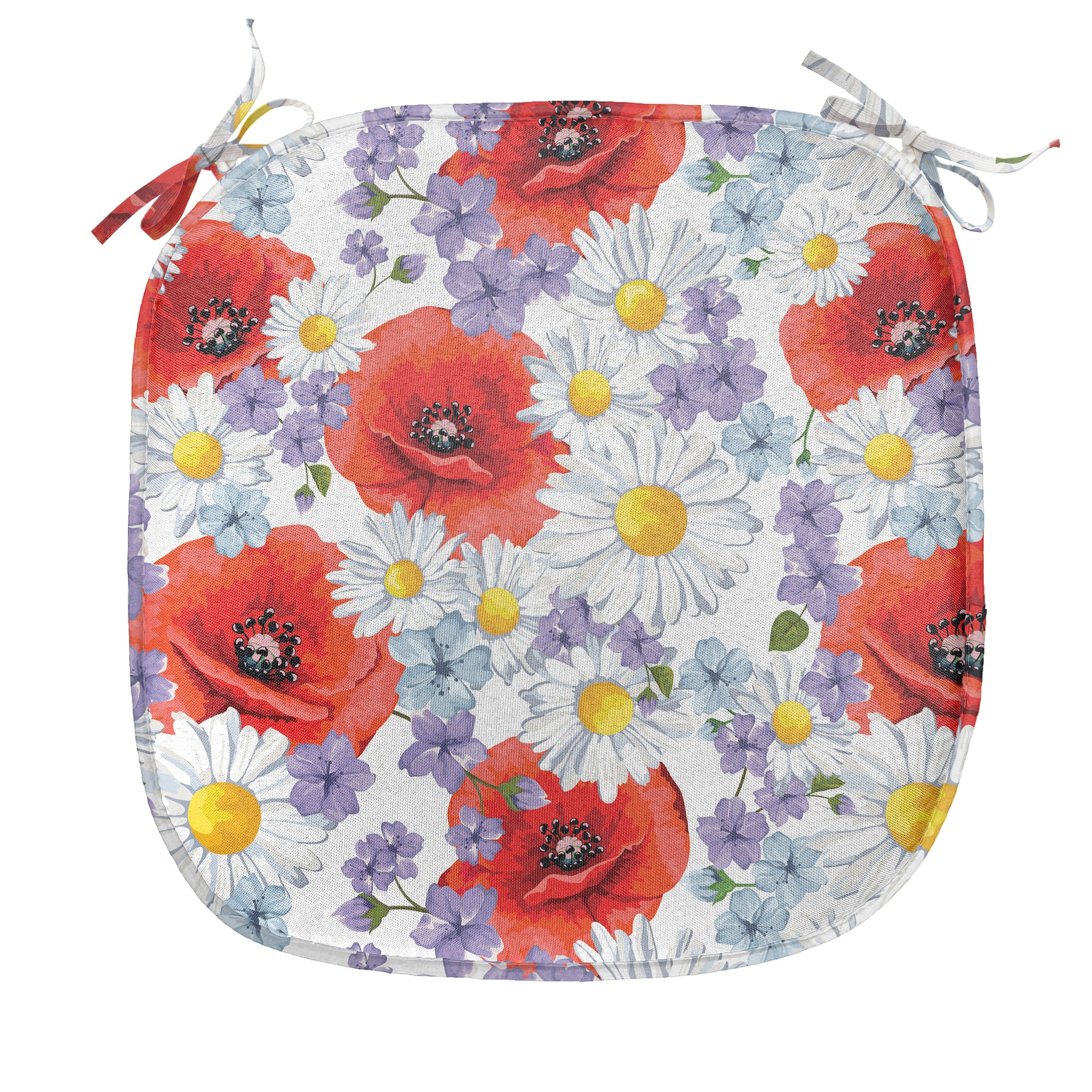 Abakuhaus Stuhlkissen Dekoratives wasserfestes Kissen mit Riemen für Küchensitze, Bunt Poppy und Daisy Blume