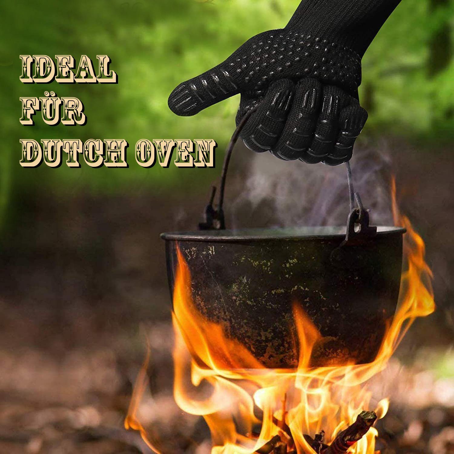 JATrade Grillhandschuhe hitzebeständig mit Grillthermometer & Marinierpinsel Grill Dutch Oven, (1 Paar Grillhandschuhe, 1 Grillthermometer, 1 Marinierpinsel), Ideal auch für Backofen, Kamin, Smoker und als Geschenk!