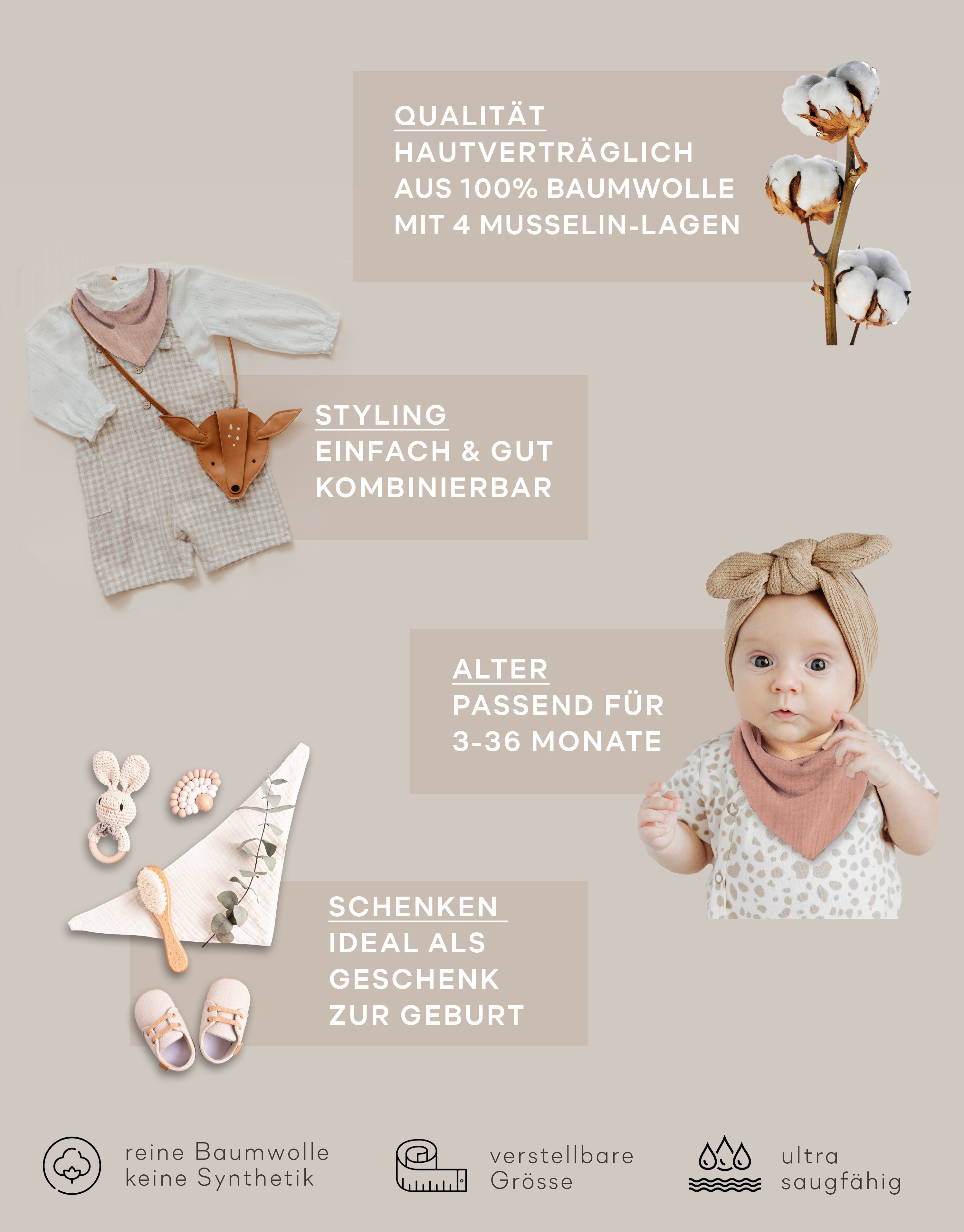 Artee Lätzchen Set 4 oder 10 Stück Musselin Halstücher in Größe S für 0-18 Monate