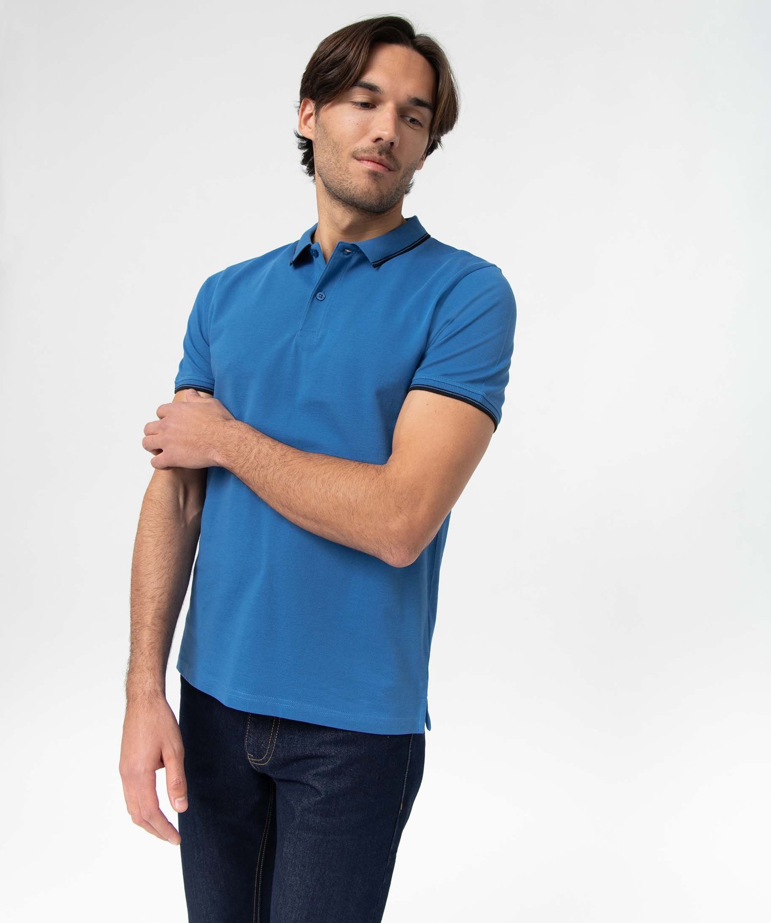 Polo homme à manches courtes et finitions contrastantes bleu | GEMO