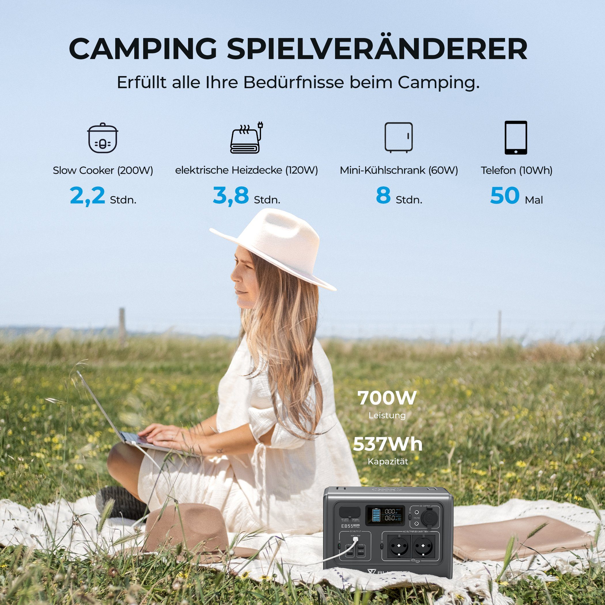 BLUETTI Stromerzeuger Tragbare Powerstation EB55, 537Wh LiFePO4 Batterie-Backup, (Solar Generator für Outdoor Camping), 2 700W AC Ausgängen, 100W Type-C