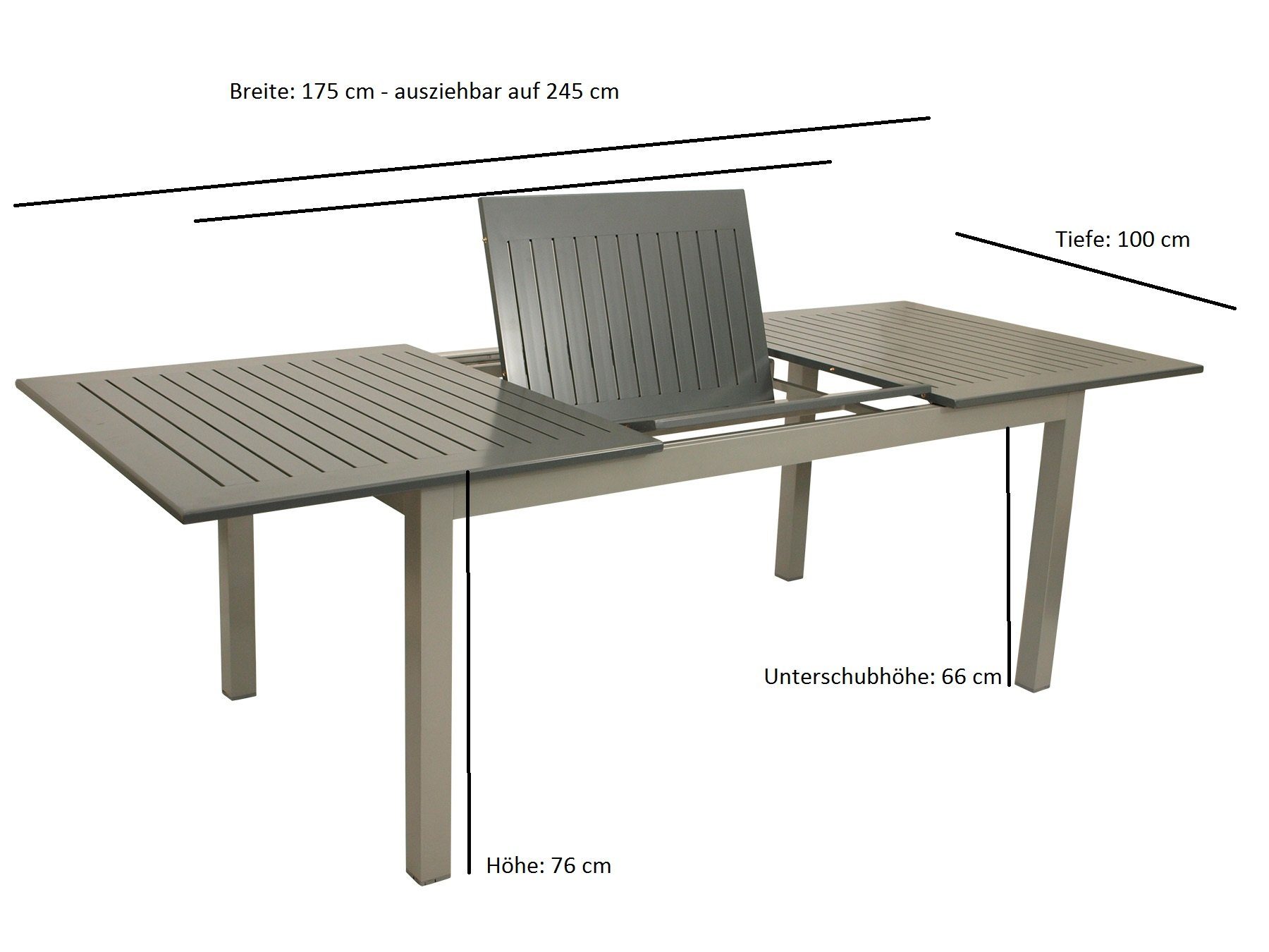 DEGAMO Garten-Essgruppe BAJAZZO 7-teilig, 6x Stapelsessel, 1x Ausziehtisch 175/245x100cm, Alu silbergrau