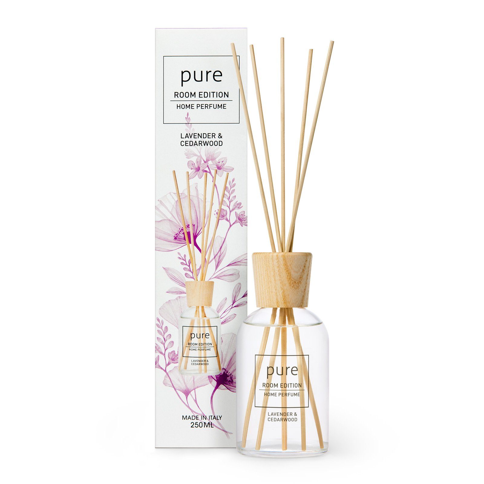 PURE ROOM EDITION Raumduft 250 ml (1 x 250 ml Lavendel & Zedernholz Raumduft + 5 Duftstäbchen)