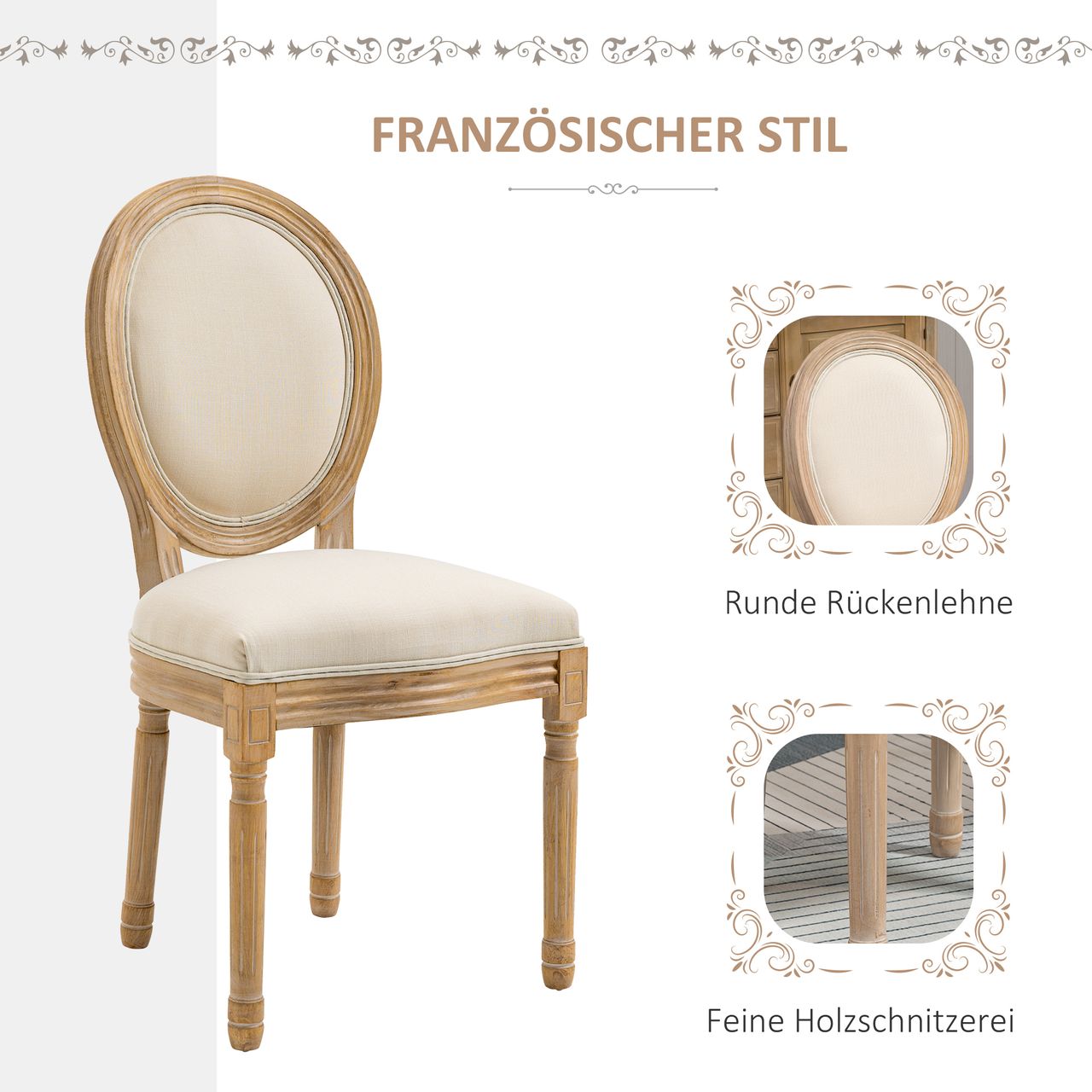 HOMCOM 2er Set Esszimmerstühle Vintage Küchenstuhl Polsterstuhl mit Rückenlehne Linen-Touch Massivholz Cremeweiß Natur 49 x 56 x 96 cm
