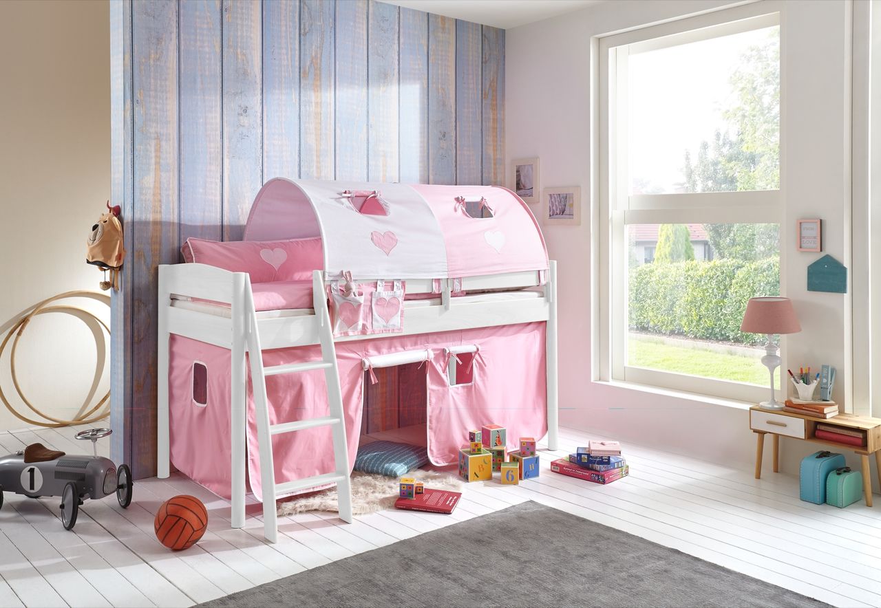 Relita Halbhohes Bett MICHELLE 90x200 cm Buche massiv weiß lackiert, mit Textilset Vorhang, 2-Tunnel, Tasche rosa/weiß/herz