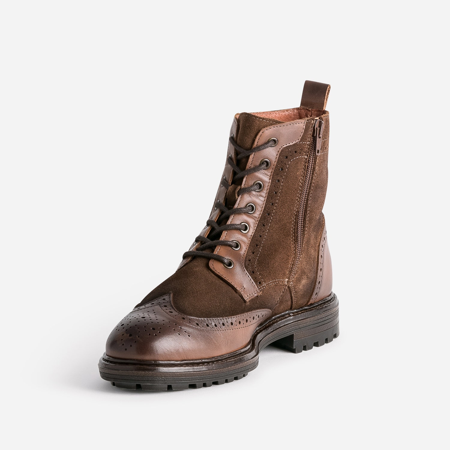 Bottine à lacets marron en cuir à bout fleuri