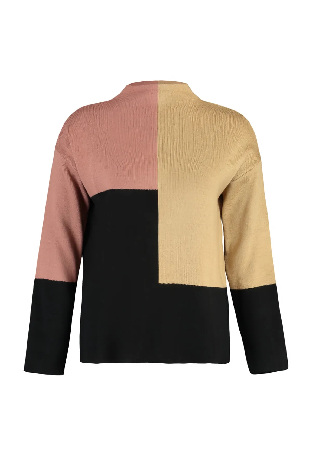 Trendyol Modest  Hellbrauner Farbblock-Strickpullover mit Stehkragen TCTAW22AK0054