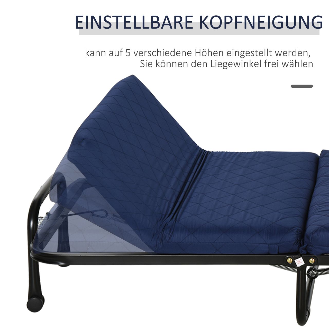 HOMCOM Gästebett klappbar, 2-in-1 Klappbett mit Rollen, Verstellbare Kopfteilhöhe, Stahl Schaumstoff, Blau, 184 x 65 x 26 cm