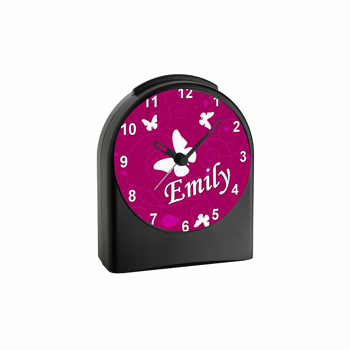 Kinder Funkwecker personalisiert mit Namen Schmetterling Ornamente Atom-/Funkuhr, 12-Stunden-Anzeigeformat, Schlummerfunktion, Nachtlicht, Geräuschlos/Ohne Ticken
