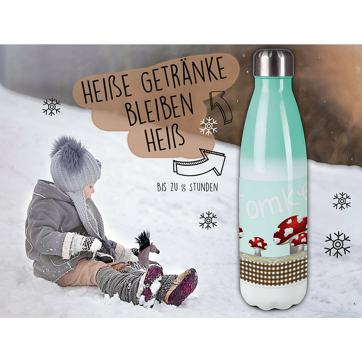 Edelstahl Kinder Thermoflasche / Trinkflasche bunt Pilz Farbe hellblau Spülmaschinenfest, Auslaufsicher, Bruchfest, Doppelwandig, Für Heißgetränke geeignet, Mit Deckel, Isoliert
