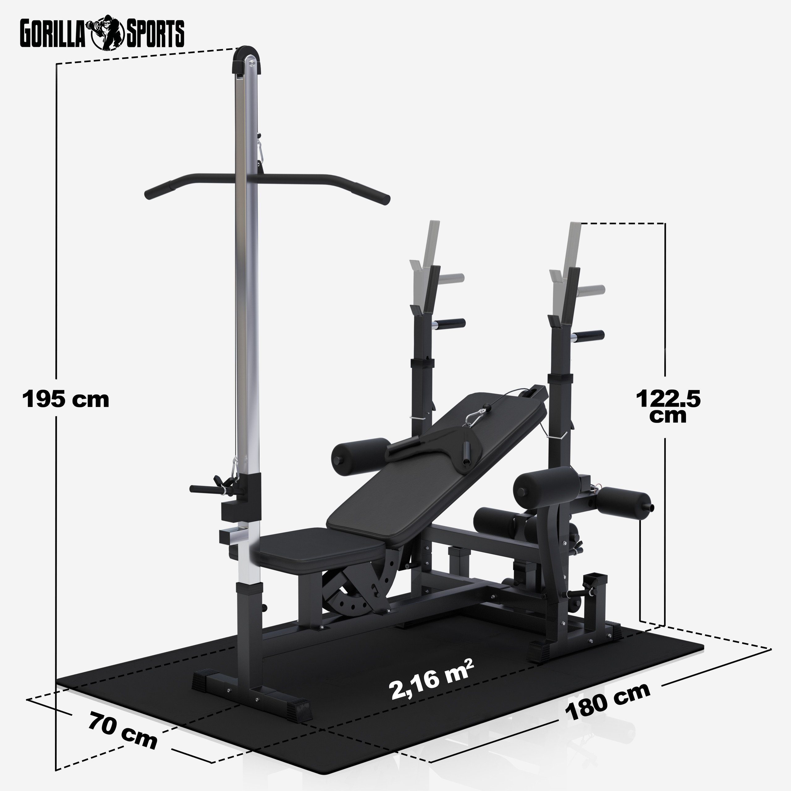 GORILLA SPORTS Multipresse Verstellbare Hantelablage, Latzugturm, Butterfly, Curlpult, Beincurler