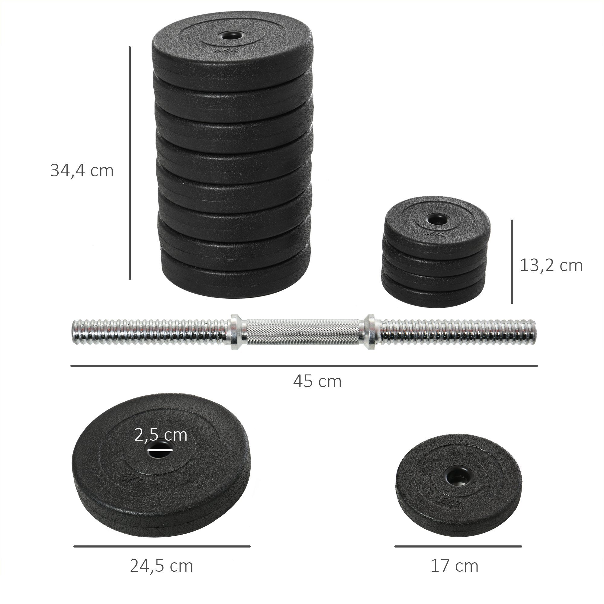 HOMCOM Hantel-Set 50 kg 2er Hanteln, (Kurzhanteln, Kurzhantel Set), mit 2 Kurzhantelstangen, 12 Gewichten & 4 Sternverschlüsse