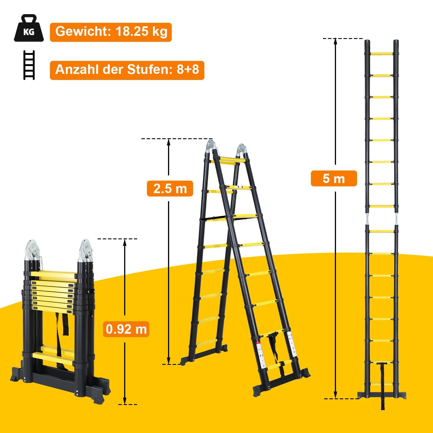 Lospitch Teleskopleiter Teleskopleiter Alu 2.5+2.5m mit Stabilisator Rädern Anlegeleiter