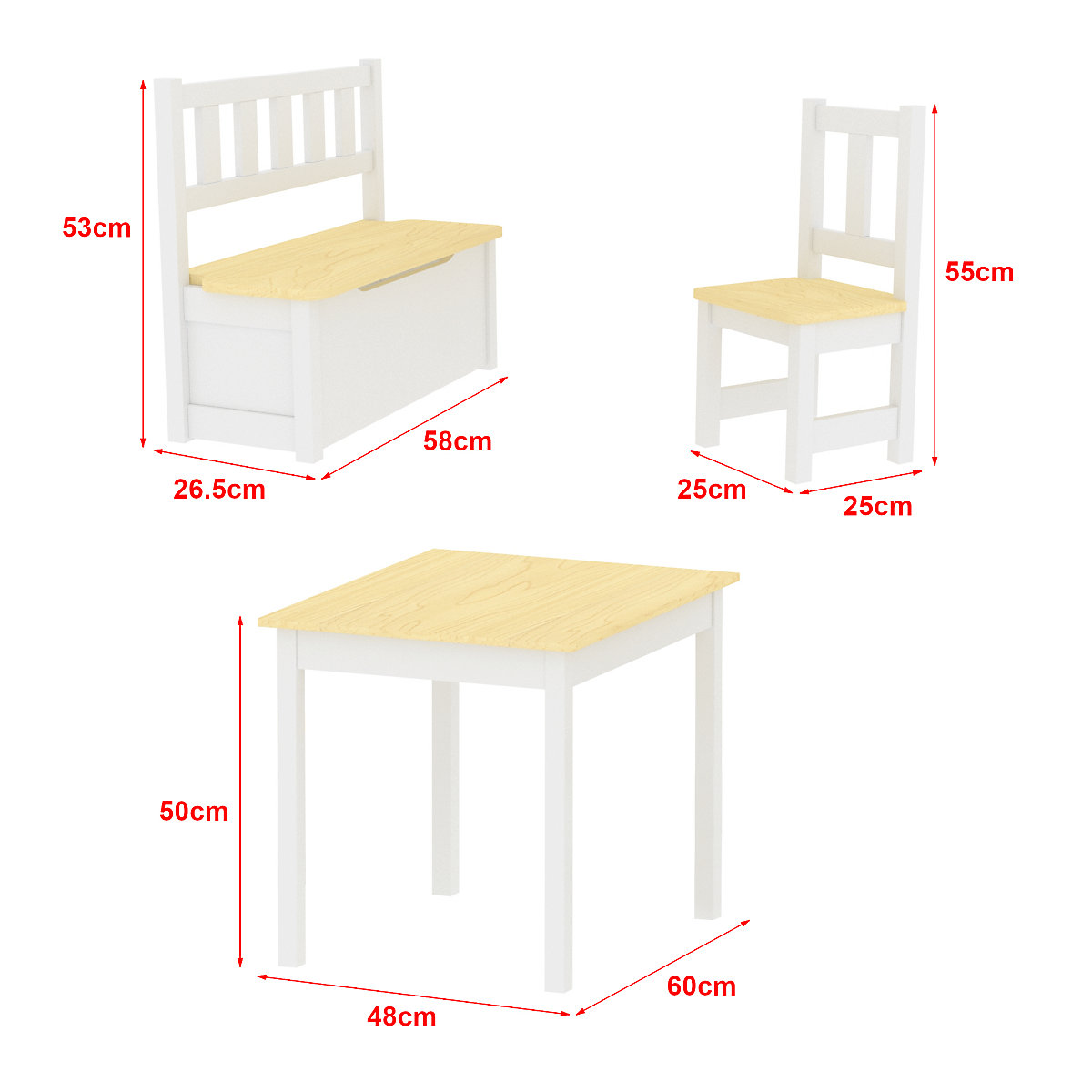 Kindertisch-Set Lousame Sitzgruppe Kiefernholz Natur / Weiß