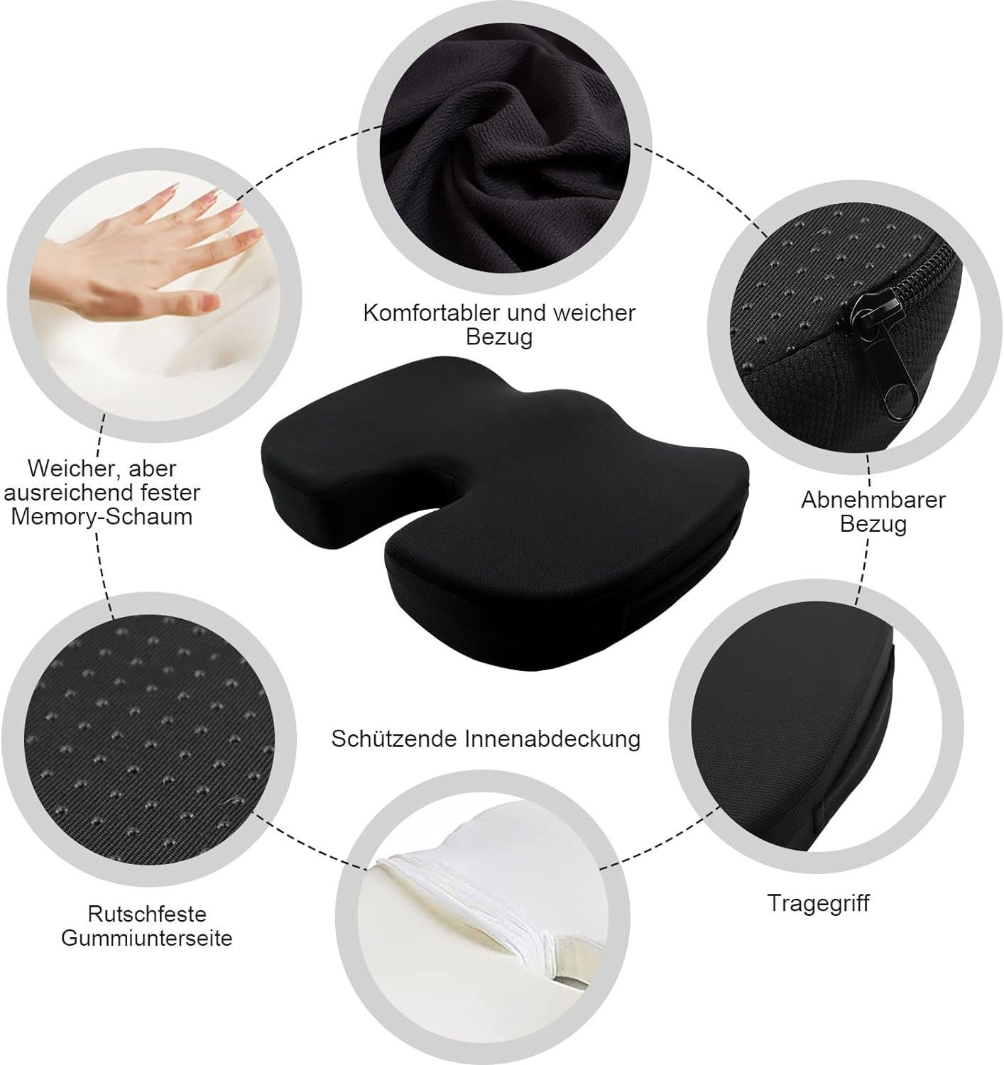 Allyson Stuhlkissen Ergonomisches Sitzkissen für Bürostuhl Memory-Foam Orthopädisch, Memory-Foam, Waschfest, Leicht