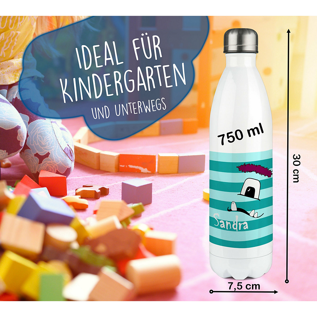 Edelstahl Kinder Thermoflasche / Trinkflasche bunt Monster Streifen Farbe türkis Spülmaschinenfest, Auslaufsicher, Bruchfest, Doppelwandig, Für Heißgetränke geeignet, Mit Deckel, Isoliert