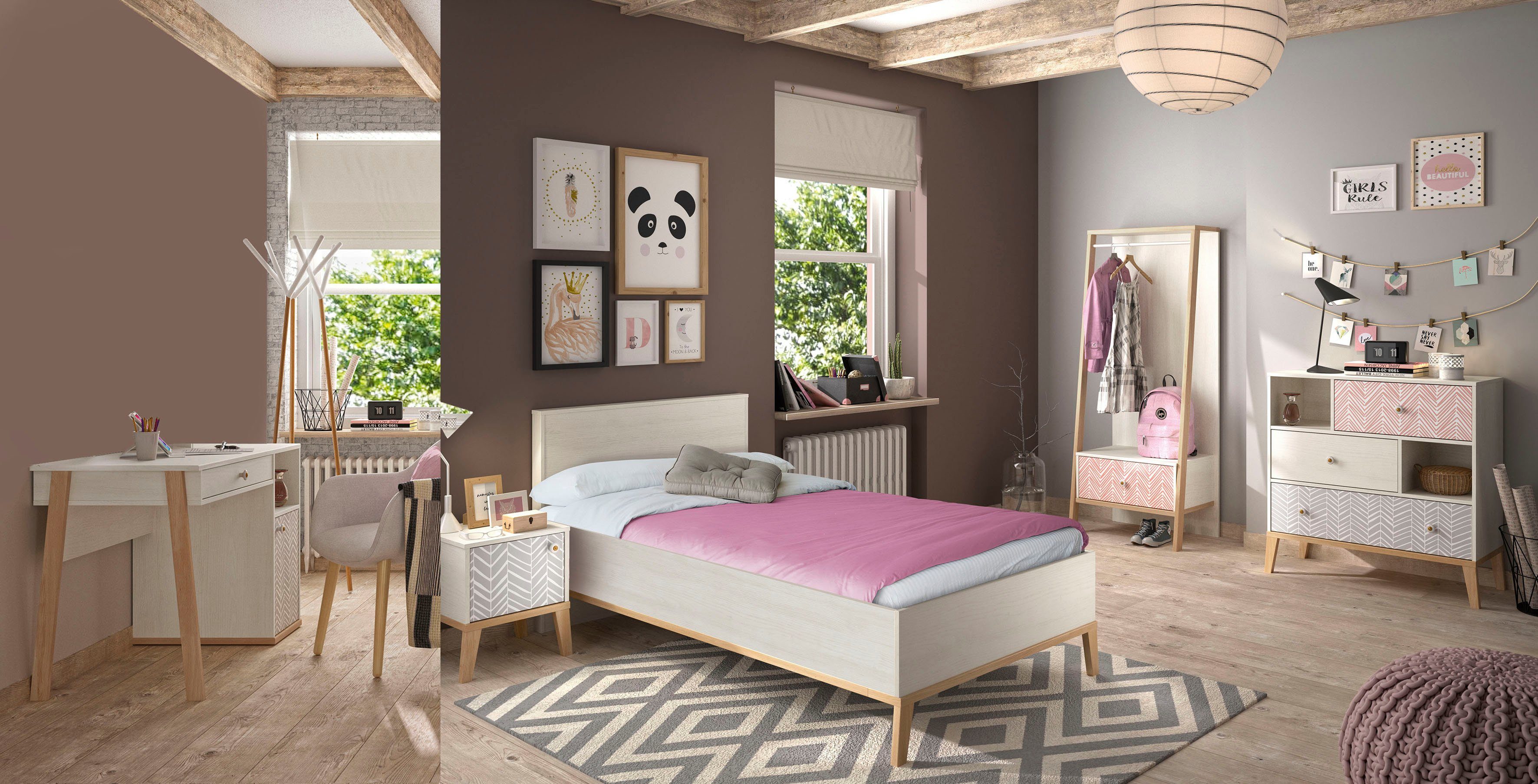 Gami Jugendzimmer-Set Alika, (Set, 5-St., Kleiderständer, Bett und Nachttisch,Kommode und ein Schreibtisch)