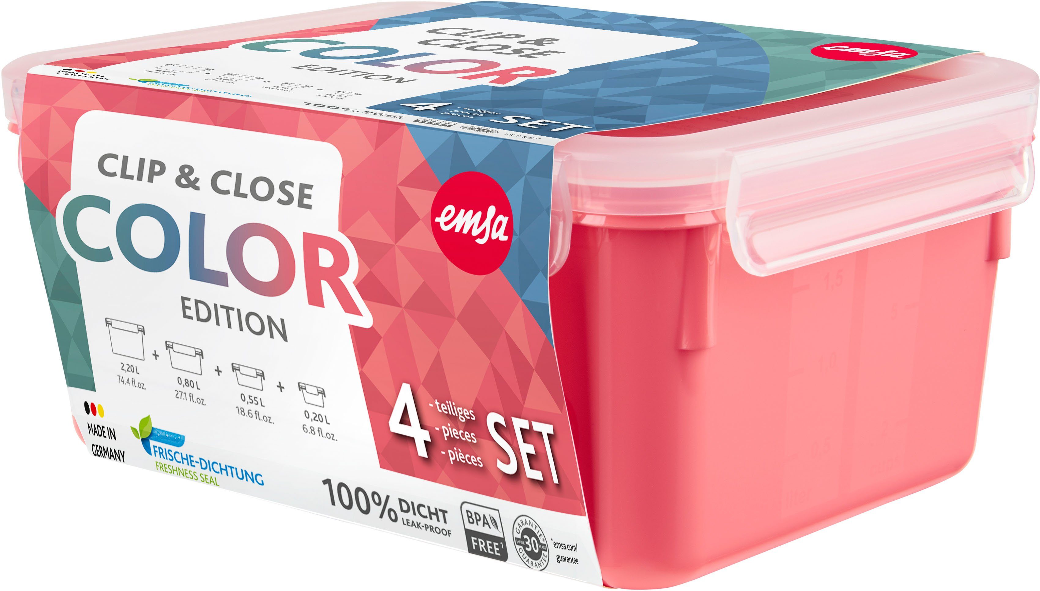 Emsa Frischhaltedose Clip & Close Color Edition, Kunststoff, (Set, 4-tlg), 0,2/0,55/0,8/2,2L, Kunststoff, auslaufsicher, hygienisch, innovativ