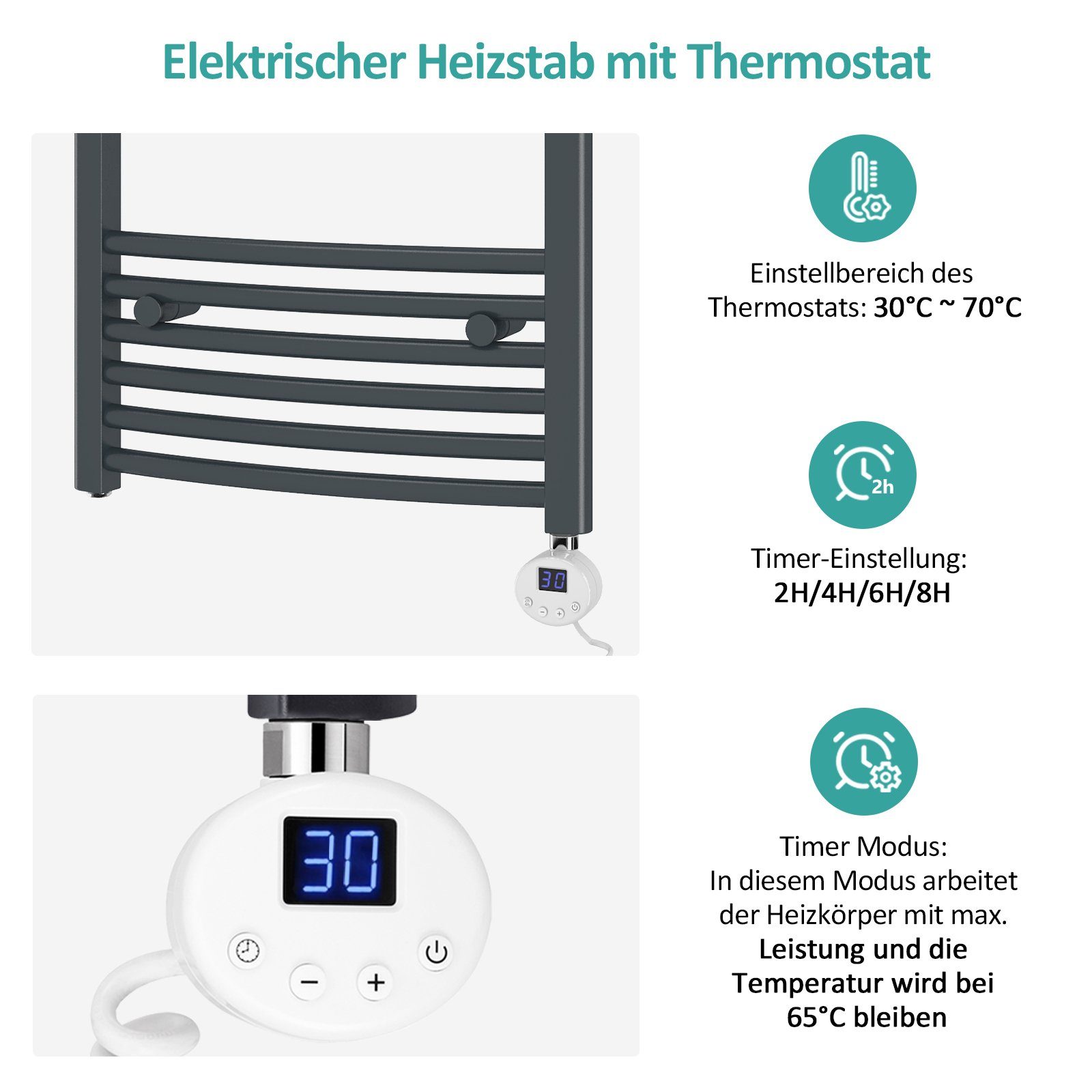EMKE Elektrischer Badheizkörper Gebogen Badheizkörper Elektrisch mit Thermostat, Handtuchtrockner mit Heizstab,246-292W,Weiß/Anthrazit