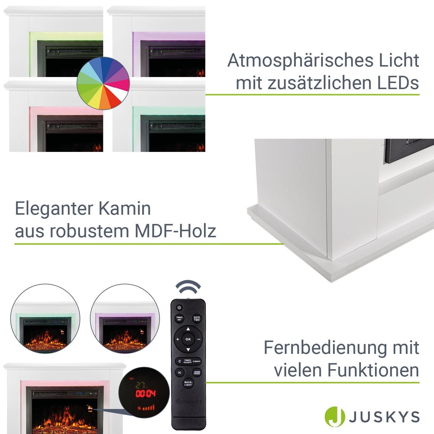 Juskys Elektrokamin, 2000 W Heizung, Flammeneffekt, Fernbedienung, LED-Licht, Timer
