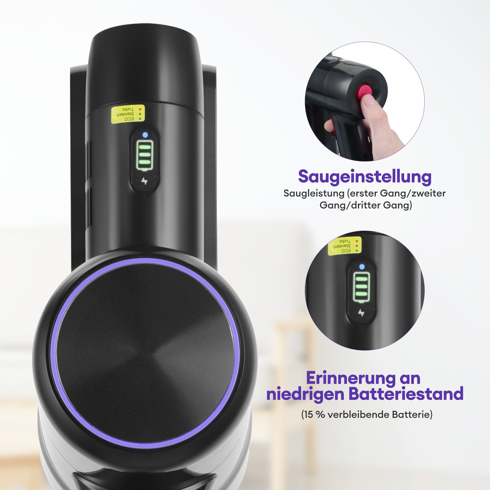 CkeyiN Akku-Hand-und Stielstaubsauger 28kPa Saugleistung, Kabelloser, leistungsstarker Staubsauger, 250,00 W, LED-Beleuchtung, 4-Schicht-Filtersystem