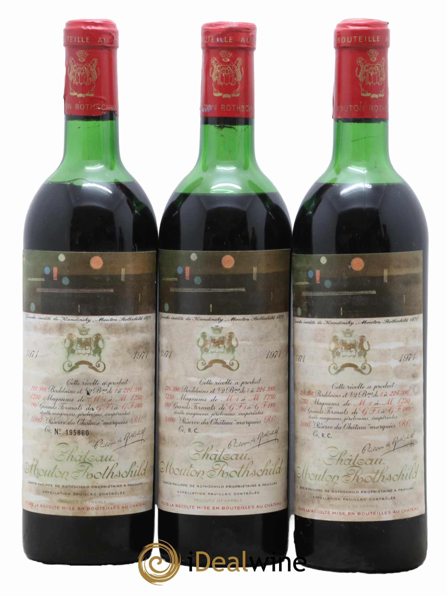 Château Mouton Rothschild 1er Grand Cru Classé  1971 - Lot de 3 Bouteilles