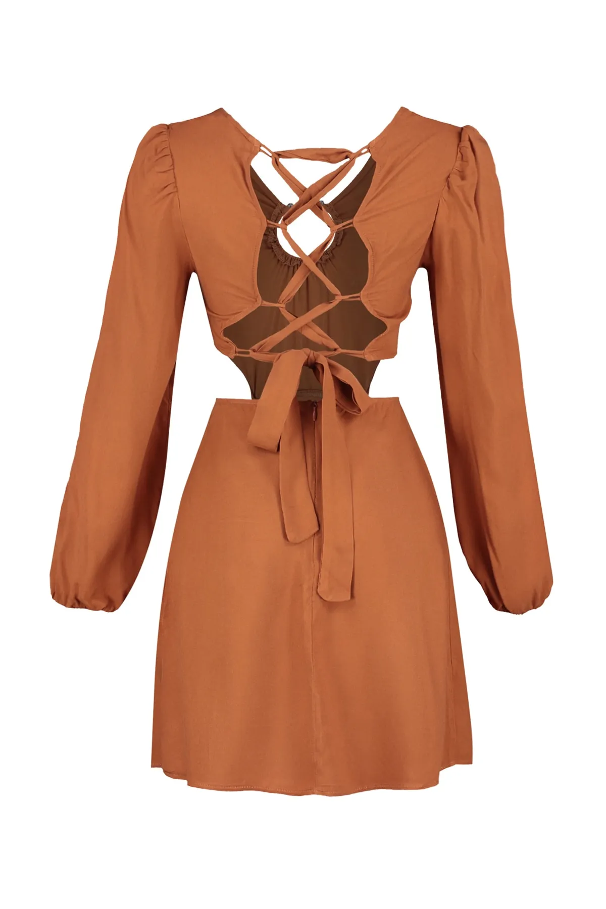 Trendyol Collection  Braunes, figurbetontes, rückenfreies Mini-Strandkleid aus Webstoff TBESS23EL00153