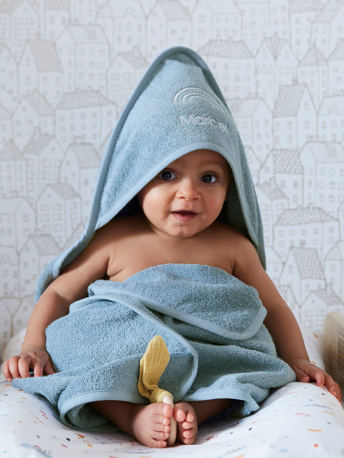Cape de bain personnalisable + gant de toilette bleu moyen