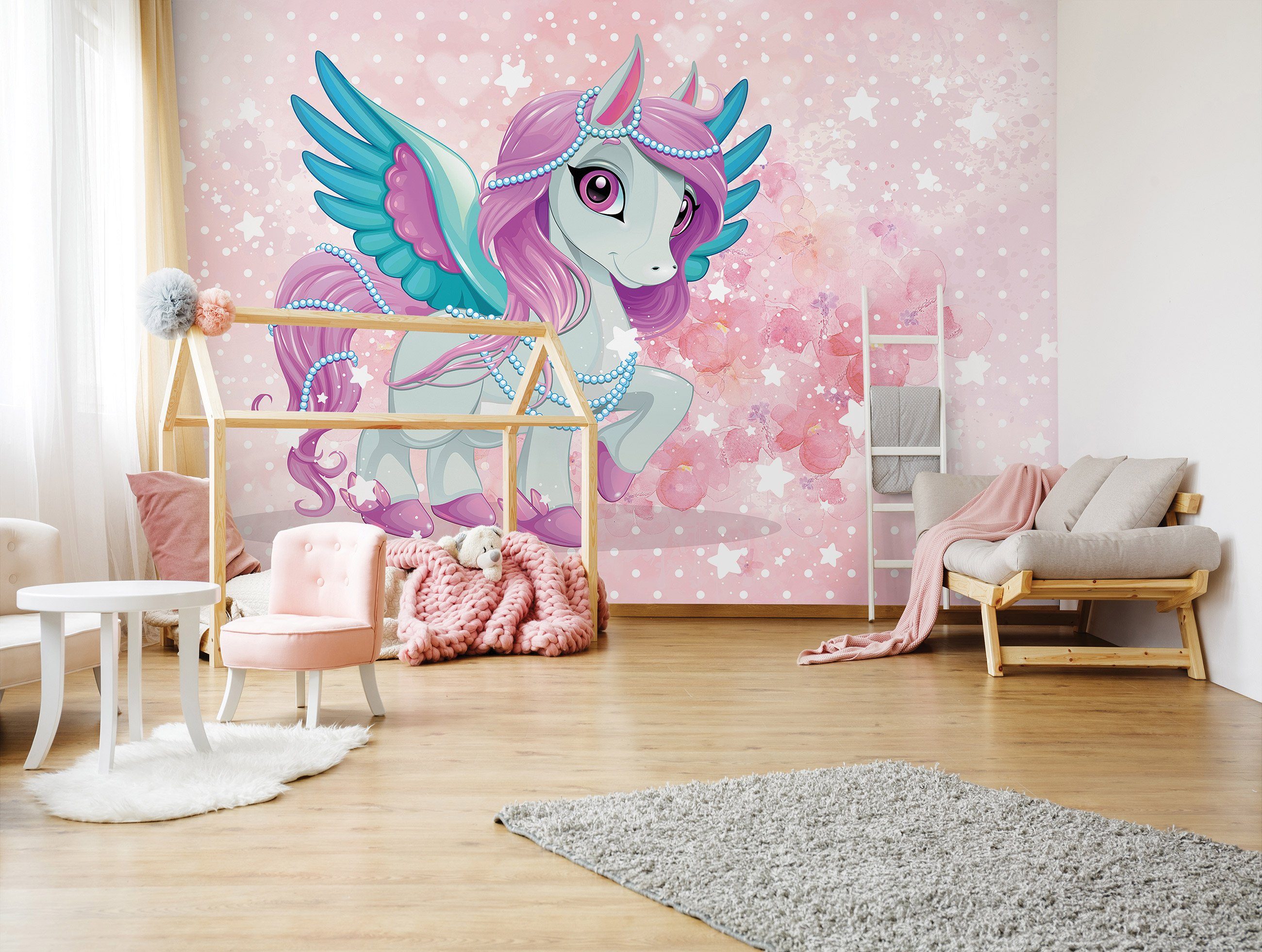 Wallarena Fototapete Kinderzimmer Mädchen Unicorn Pferd Rose Stern Kinder Vlies Tapete für Babyzimmer oder Mädchenzimmer Vliestapete Wandtapete Motivtapete, Glatt, Unicorn, Vliestapete inklusive Kleister