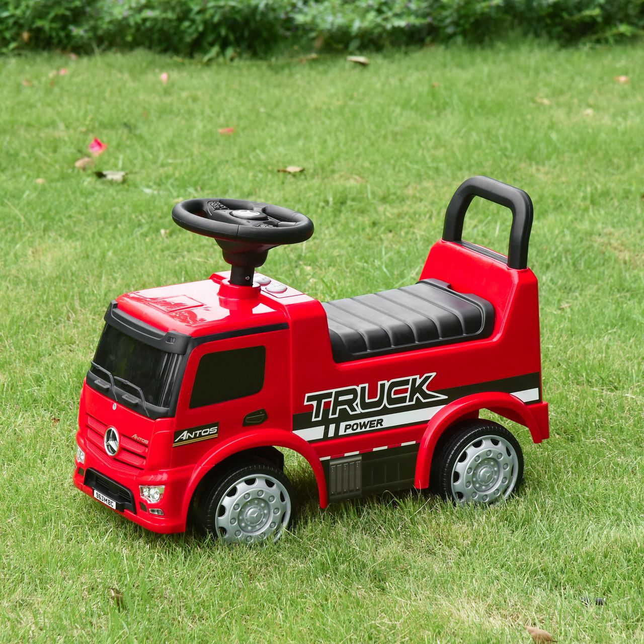 HOMCOM Rutscherfahrzeug Rutscherauto Babyrutscher Kinderfahrzeug lizenziert von Mercedes ANTOS-LKW-Stil mit Licht für Kinder von 12 bis 36 Monaten Metall PP-Kunststoff Rot Schwarz 62,5x28,5x45cm