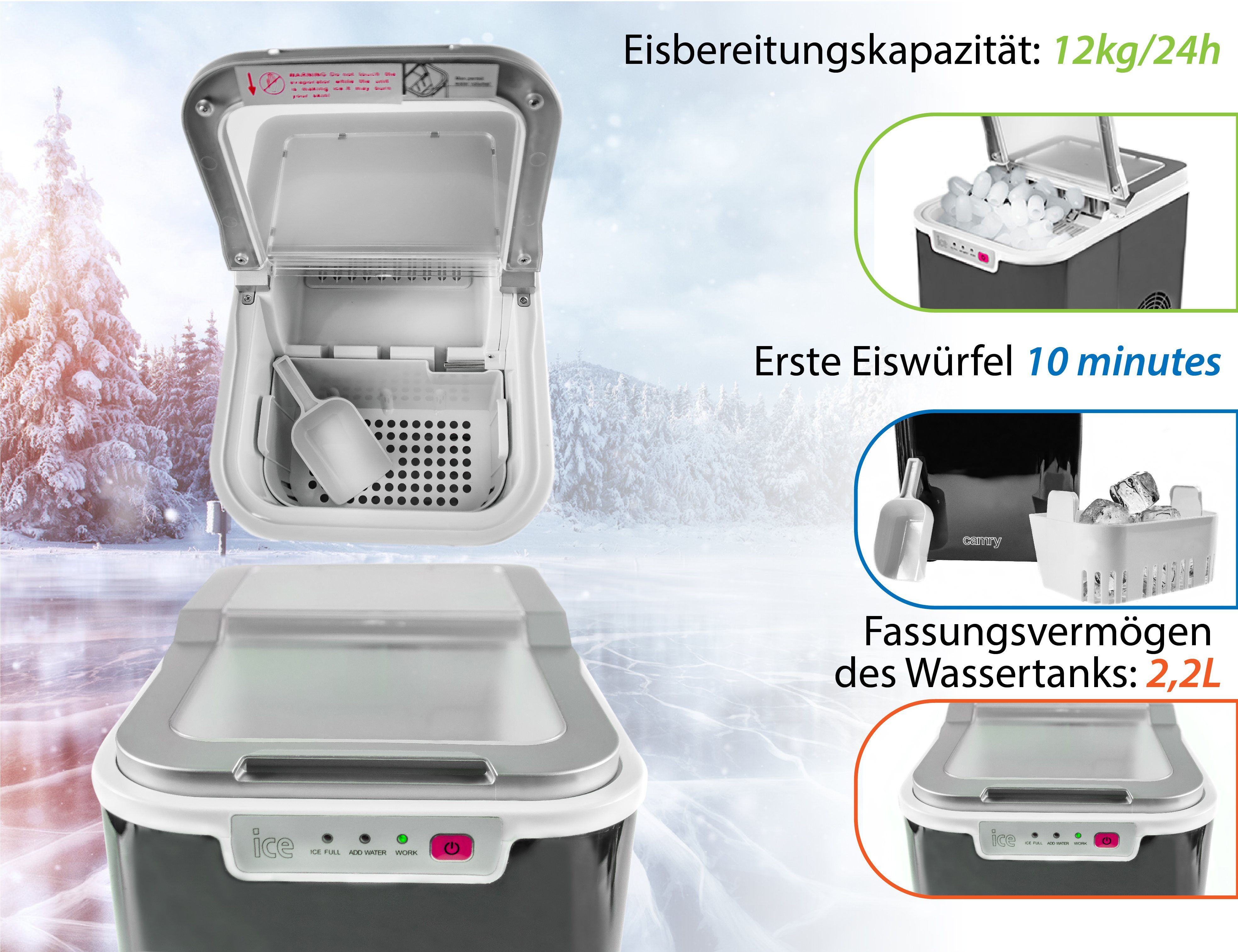 JUNG Elektrischer Eiswürfelbereiter CAMRY CR8073 Eiswürfelmaschine klein Eiswürfel Eiwürfelbereiter, 2,2 Fassung Wasser Eismaschine Würfel Kompressor Eis Maschine Automat