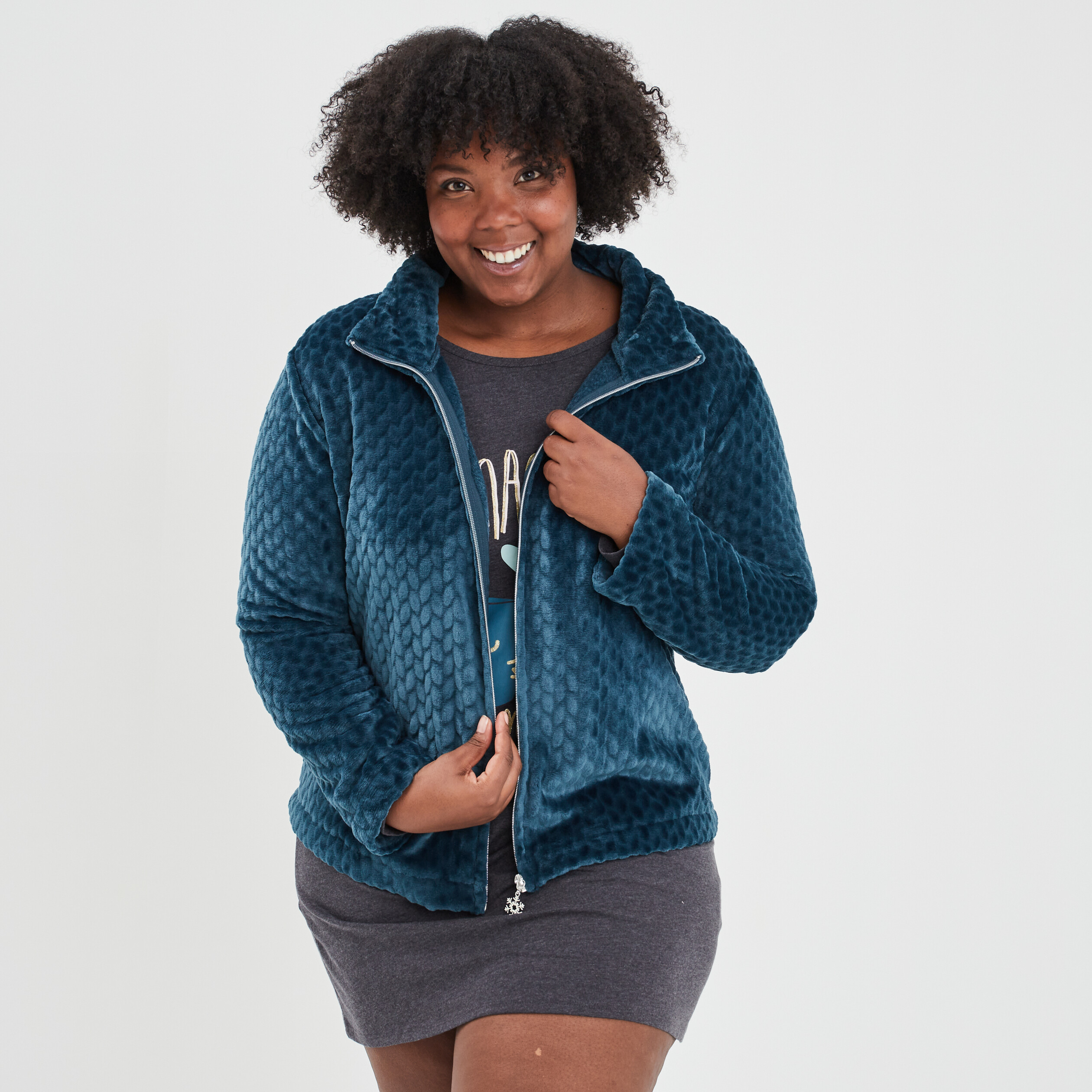 Veste pyjama pilou col montant bleu canard femme grande taille | La Halle