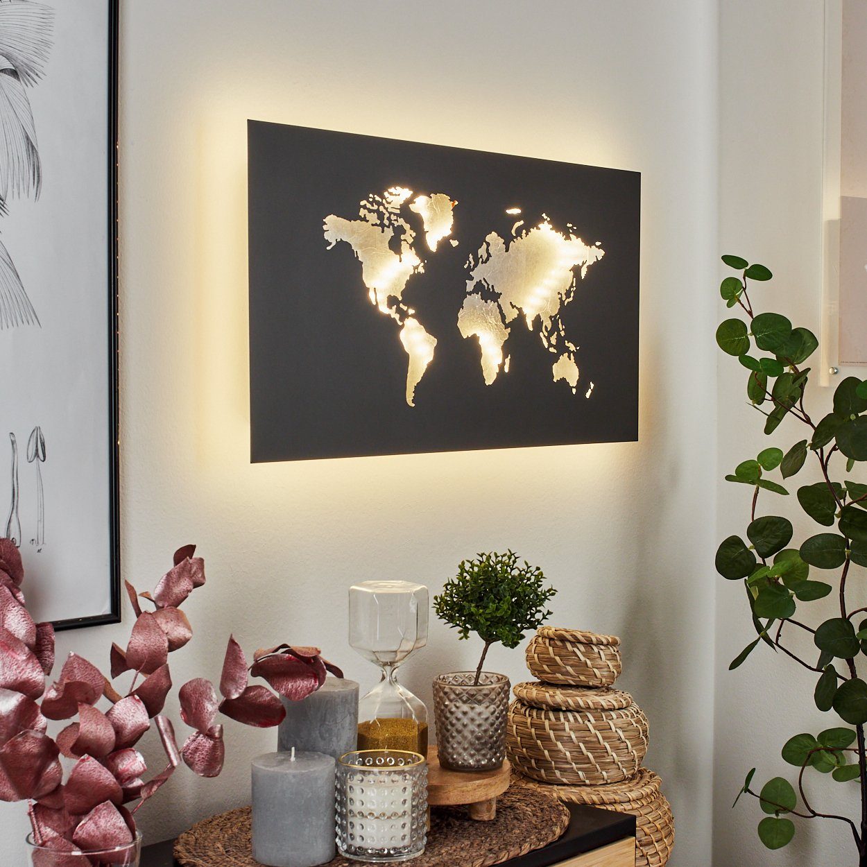 hofstein Wandleuchte Vendicio Wandlampe aus Metall in Schwarz/Silberfarben, 3000 Kelvin, LED Weltkarte Wandbild mit Lichteffekt, LED 170 Lumen