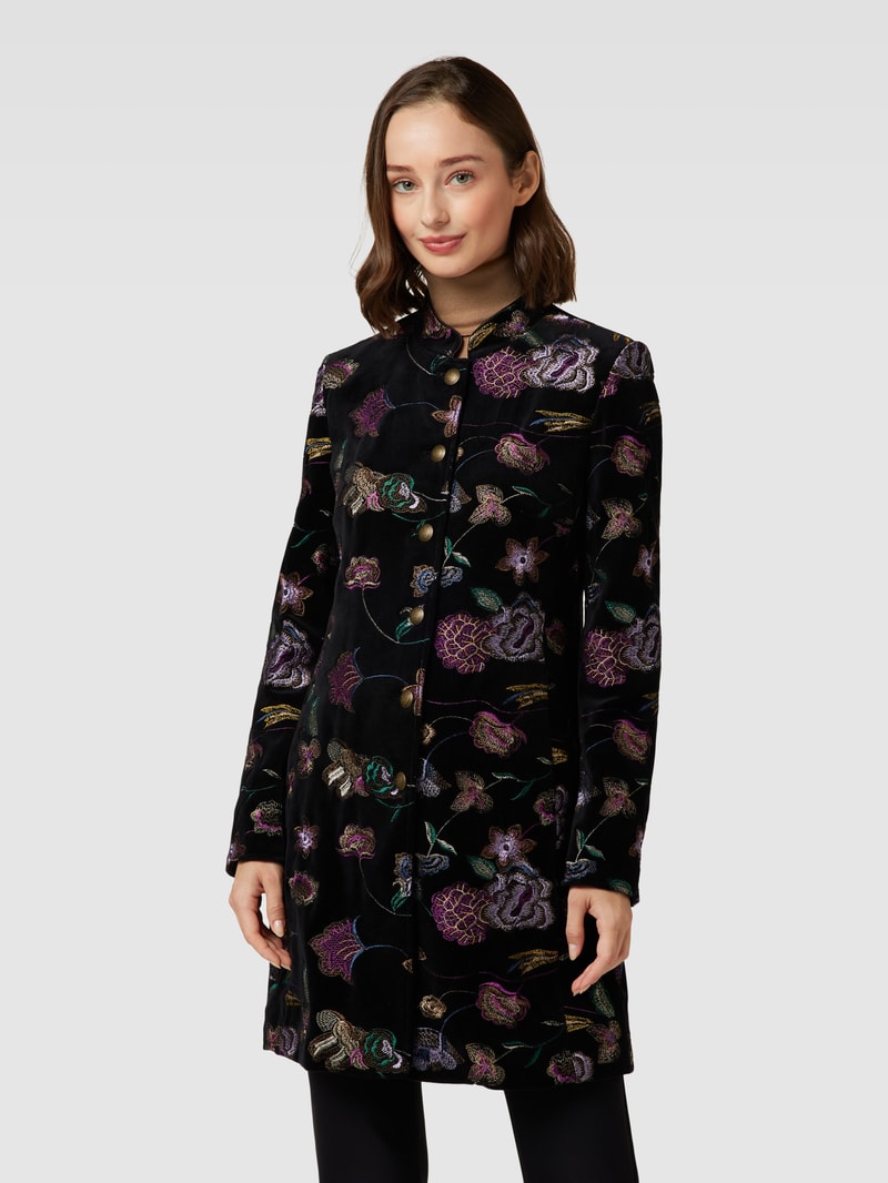 Longblazer mit floralem Stitching in schwarz