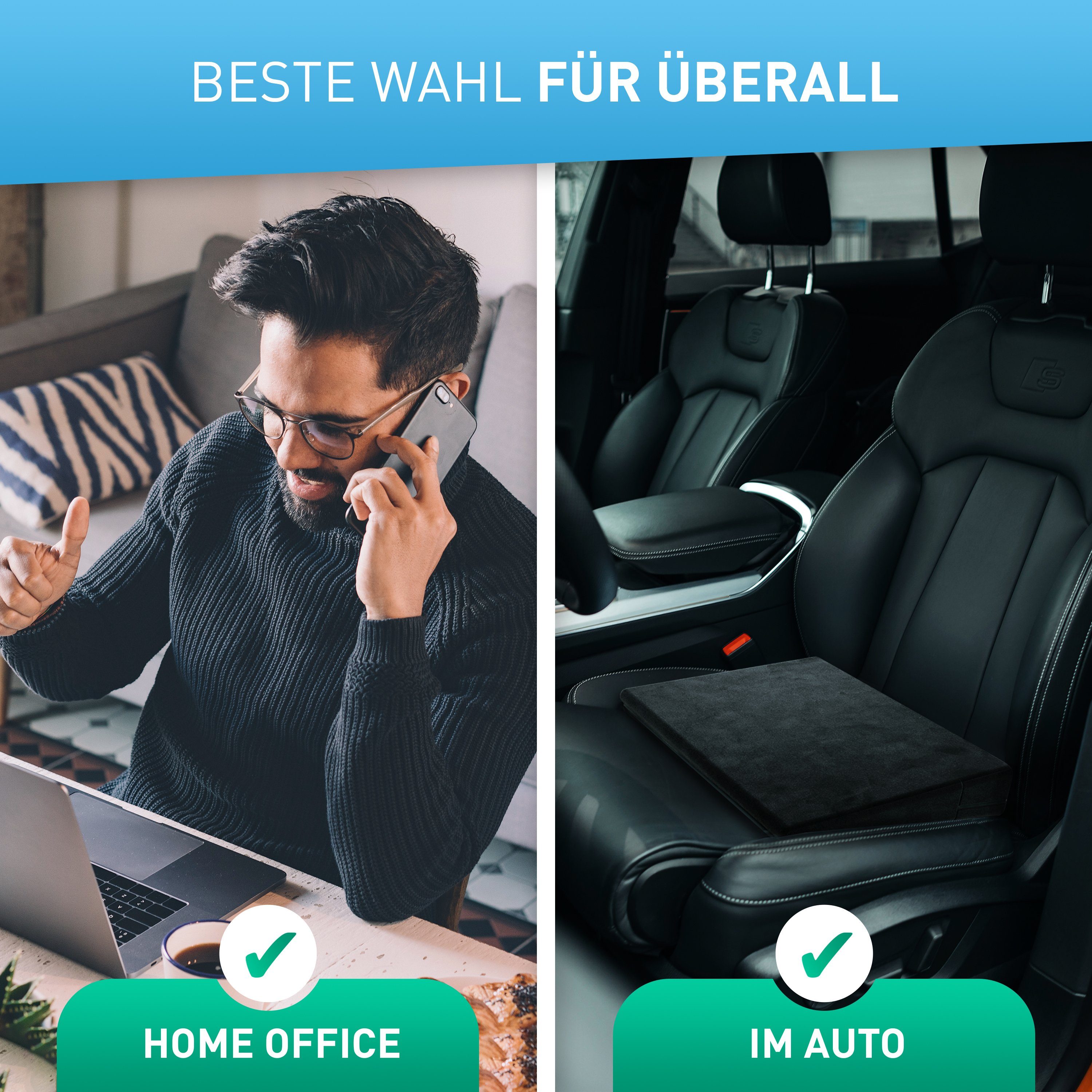 FLIPLINE® Keilkissen Stuhl mit atmungsaktivem Anti-Rutsch Samtbezug [optimaler Härtegrad], Keilkissen für Auto & Bürostuhl Home Office - Waschbar bei 30° Grad