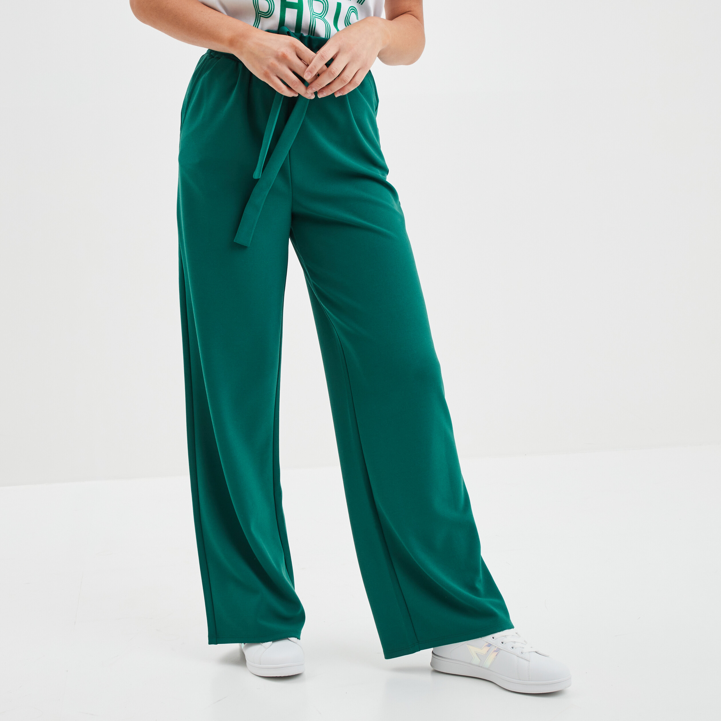 Pantalon large ceinturé vert émeraude femme | La Halle