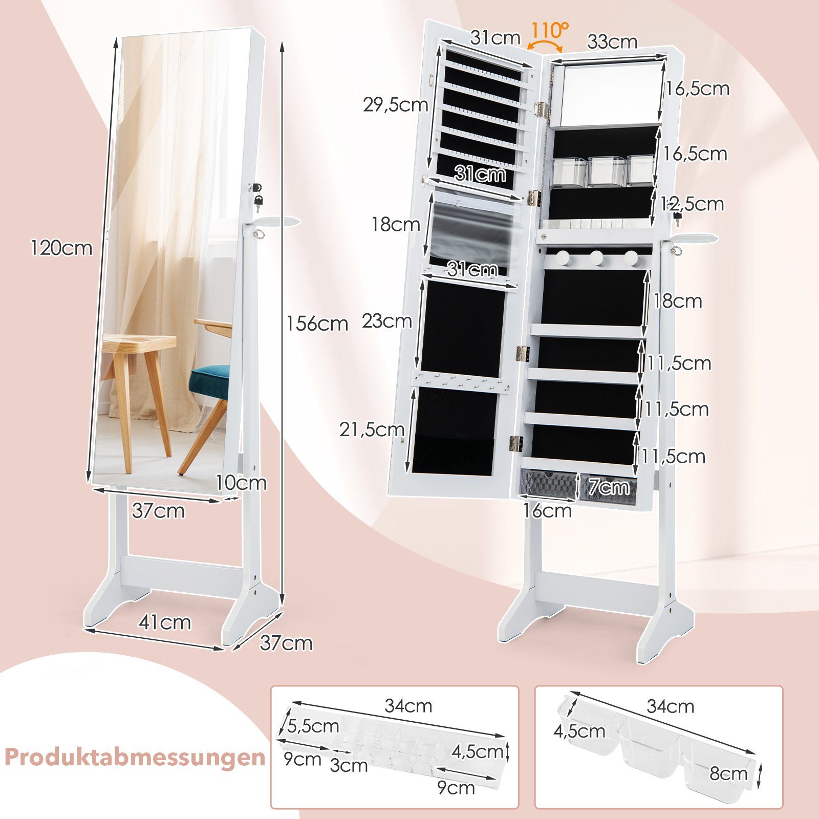 COSTWAY Schmuckschrank stehend, mit Spiegel & LED, abschließbar, weiß, 156 cm