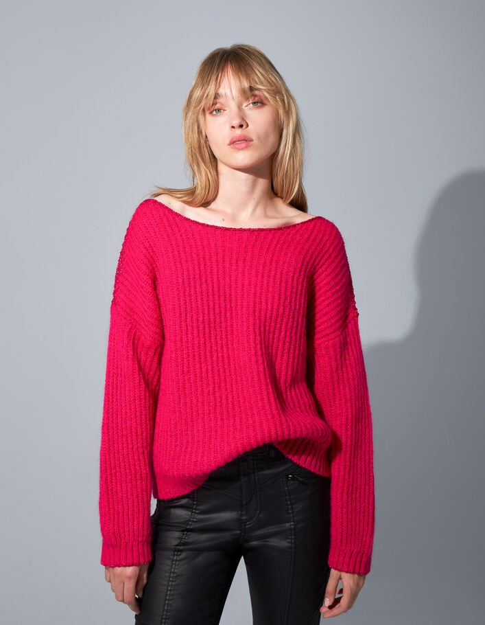 Pull rose tricot à côtes et détails lurex Femme