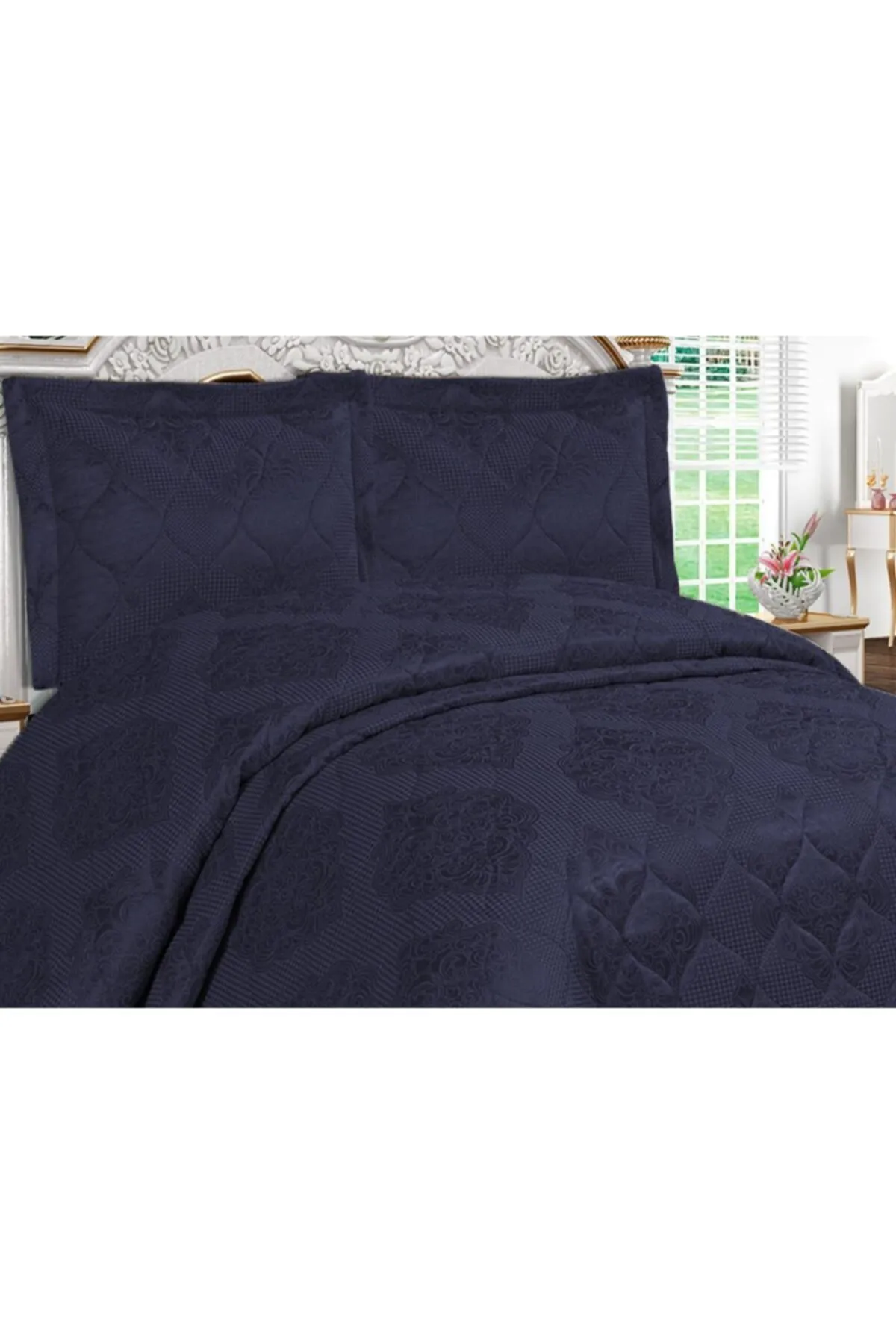 Çeyiz Diyarı  Zitronengesteppte Tagesdecke für Doppelbett – Marineblau