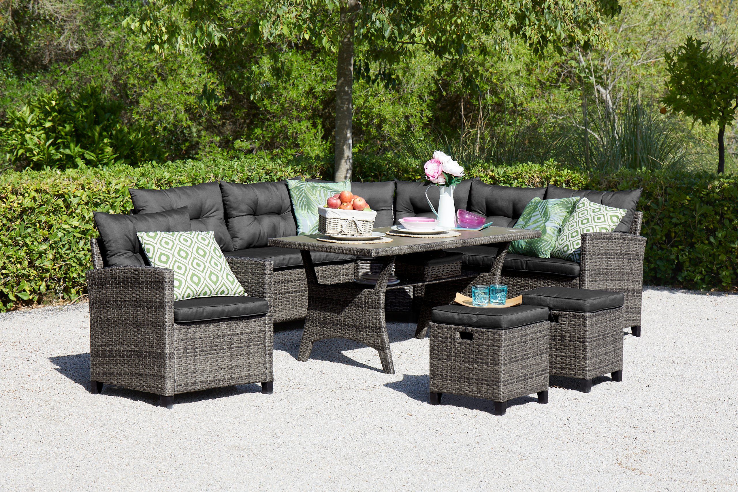 KONIFERA Gartenlounge-Set Keros Premium, (20-tlg), Ecklounge, 2 Hocker, Sessel, Tisch, Polyrattan