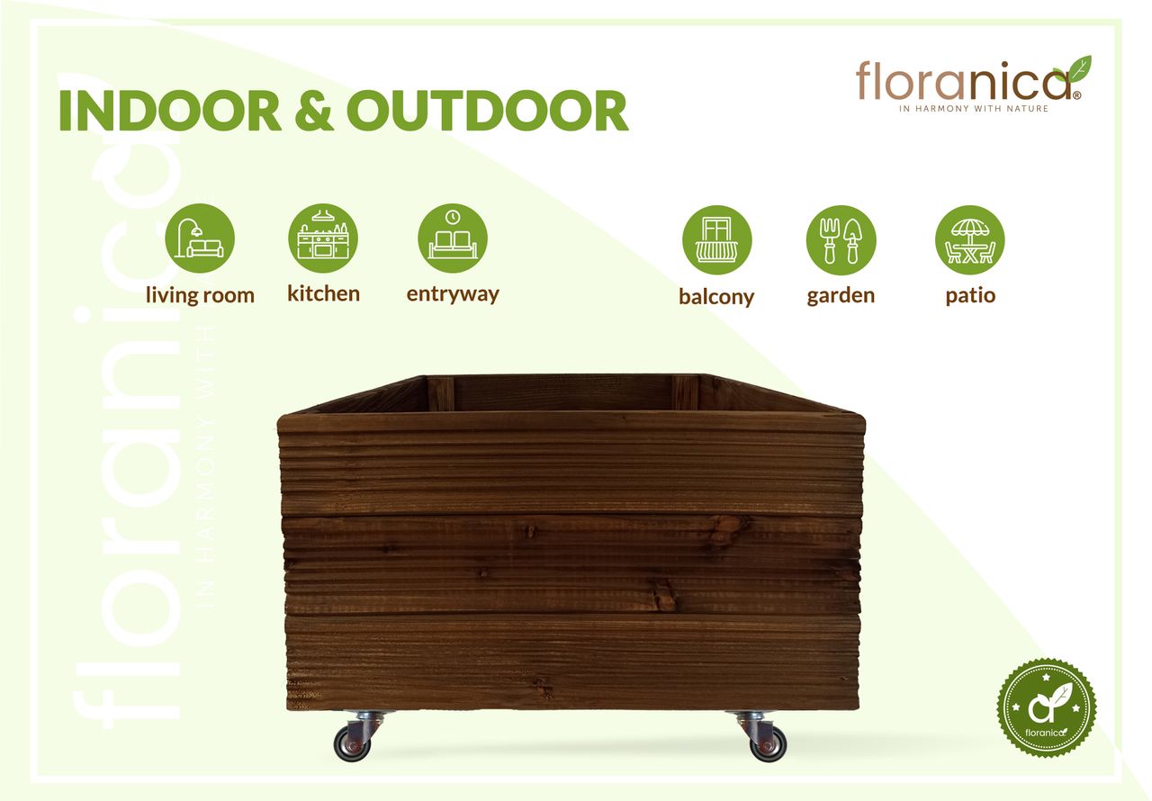 Pemicont Floranica Blumentopf aus Holz Kasten 4 Rollen 50cm x 535cm x 285cm Braun Imprägniertes Lärchenholz Schutzhülle für Kräuter Blumen Haus- und Gartendekoration Innen- und Außenbereich