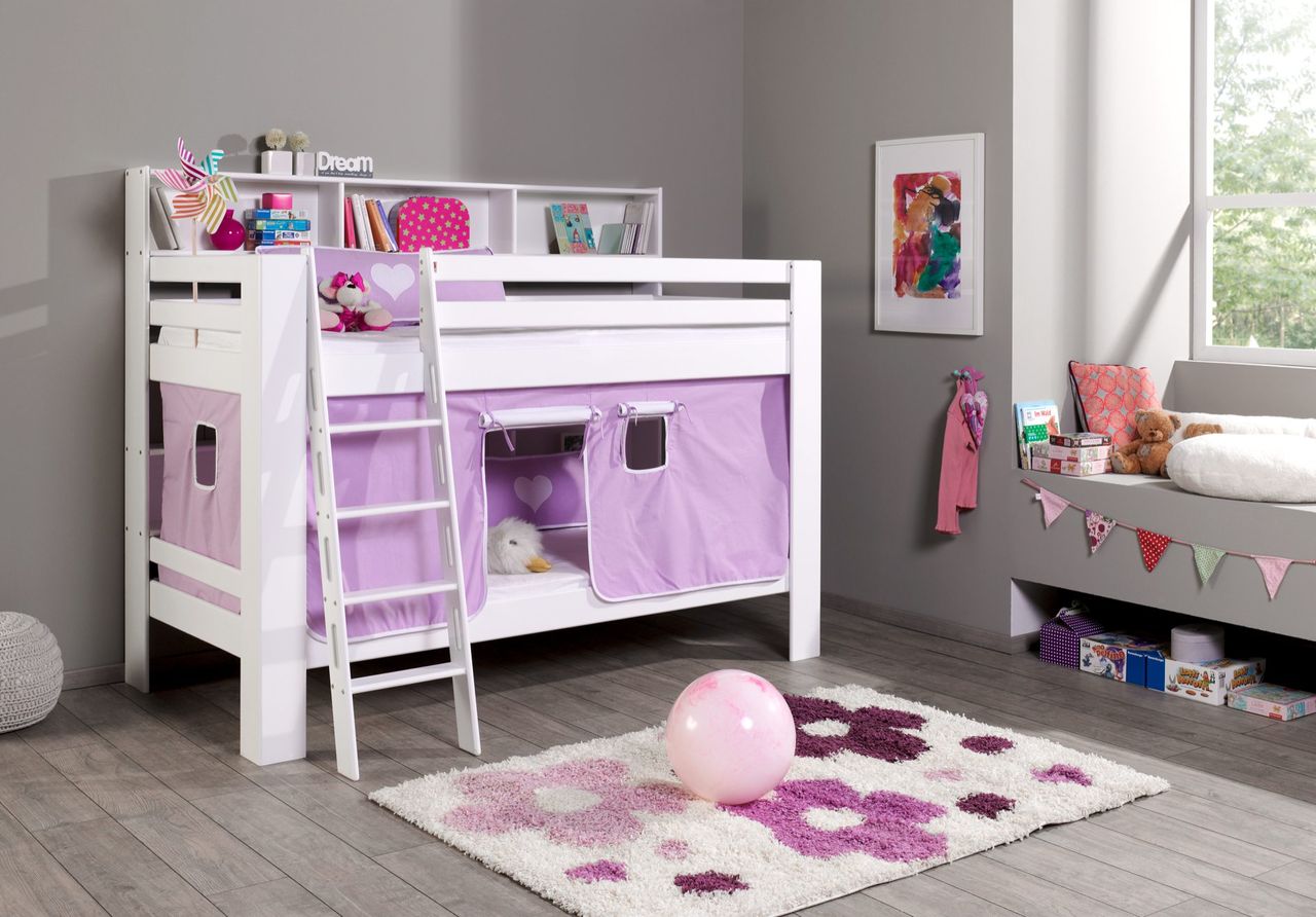 Relita Etagenbett Jan mit Bücherregal und Vorhang purple/weiß