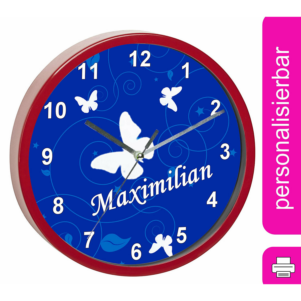 Kinder Wanduhr personalisiert mit Name Schmetterling Ornamente blau